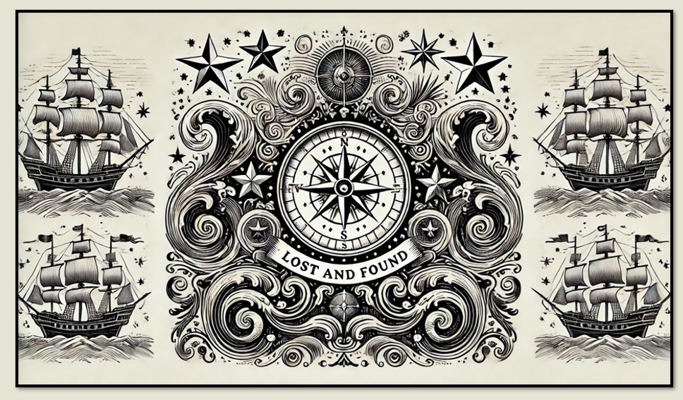 Decorative image depicting a compass, a book, a guiding star, and ships